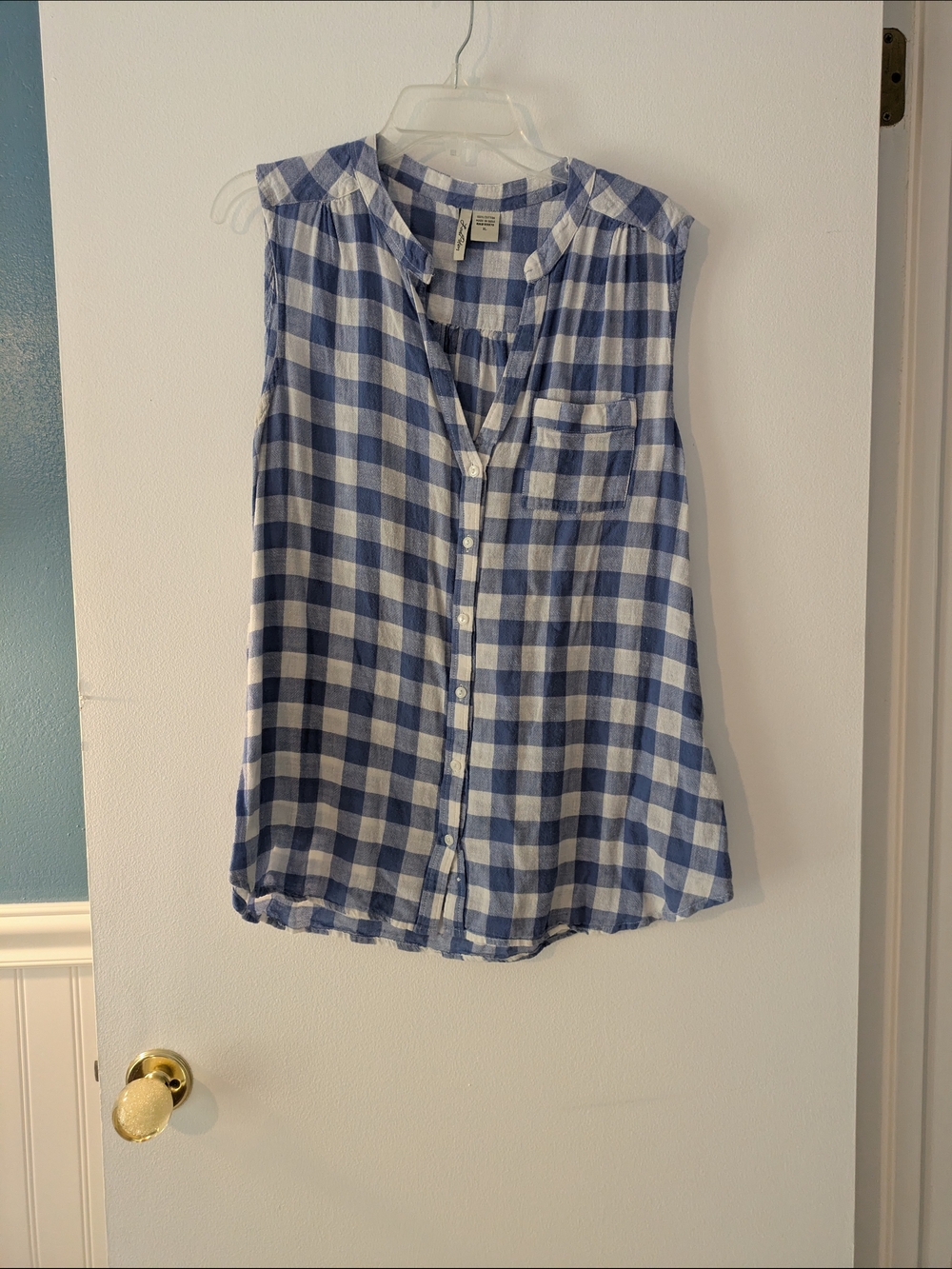 Sleeveless Blue Gingham Button-Front Top